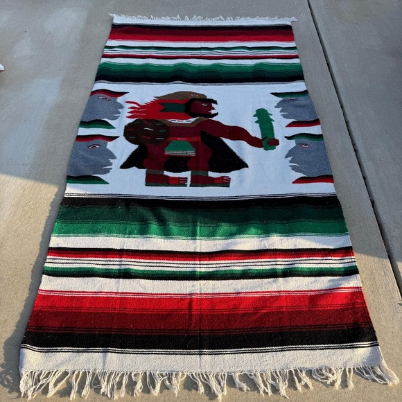 Vintage Mexican Aztec Warrior Woven Wool Serape Rug Tapestry Blanket 82x44 - Picture 11 of 11